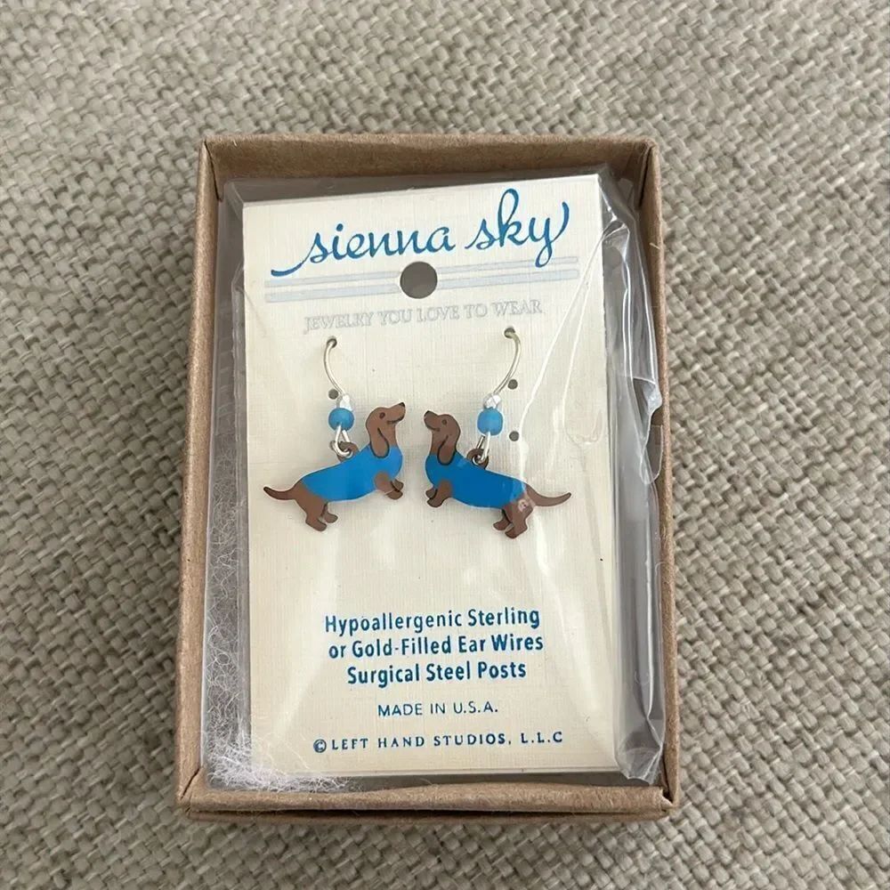 NWT Sienna Sky Dachshund with blue sweater earrings